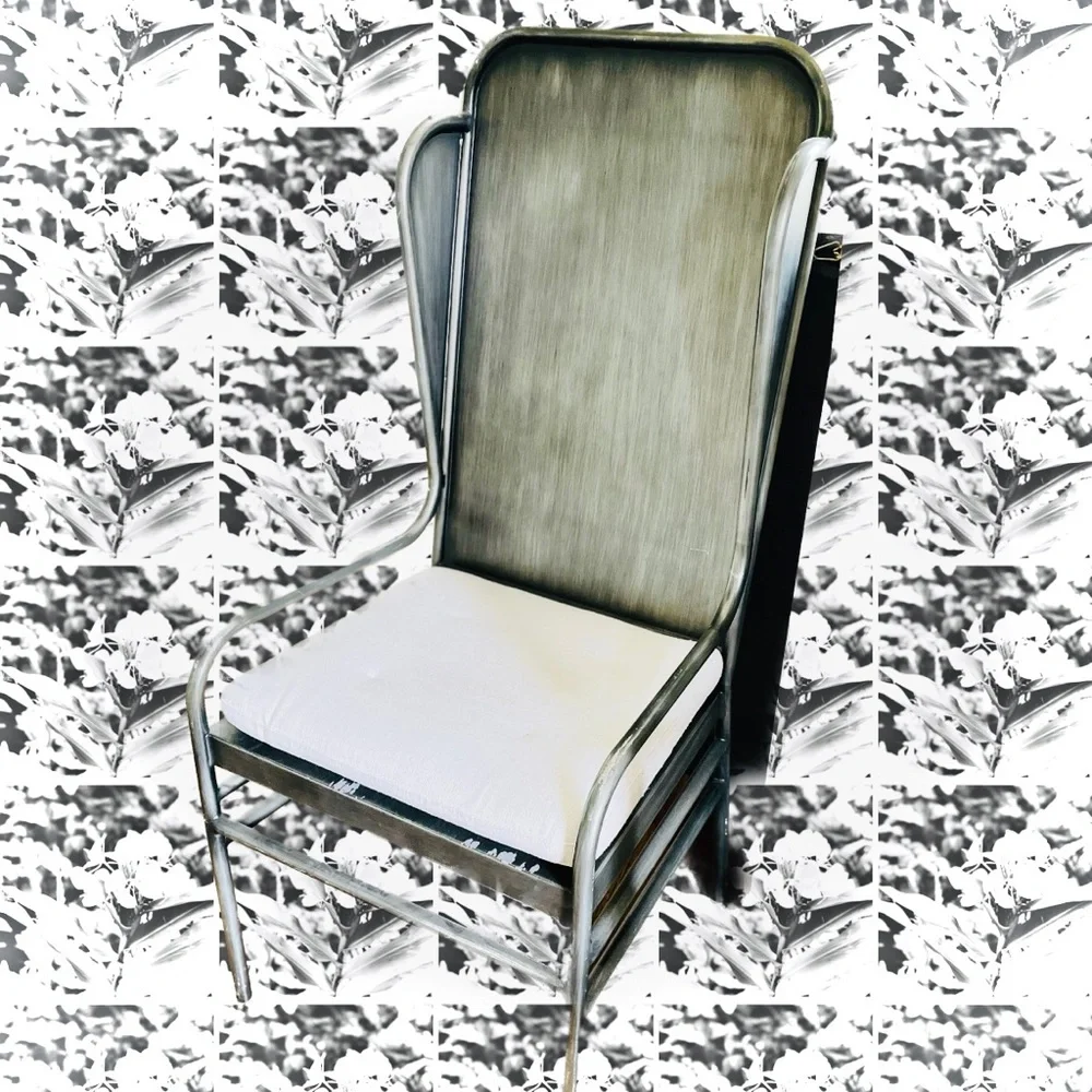 UNIV CHAIR | 46” H | Metal Industrial Gunmetal Accent Arm Chair RARE PICKUP ONLY